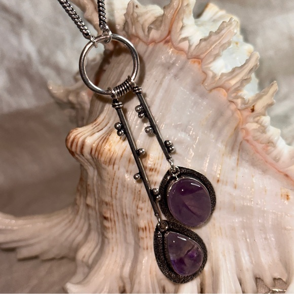 Modern Amethyst Solar dangle multi-gem handmade statement Necklace - Picture 2 of 13